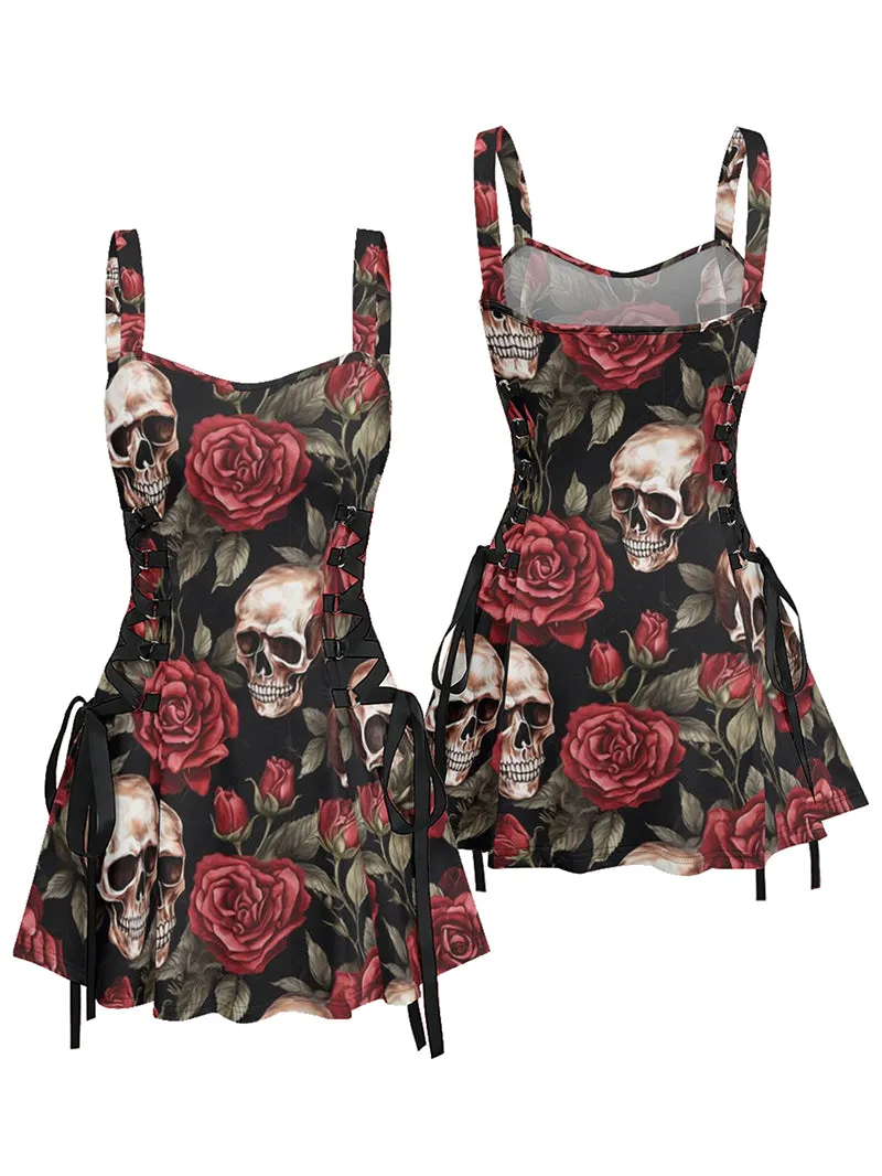 Red Rose Skull Printed Lace up Suspension Skirt