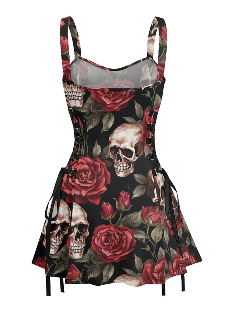 Red Rose Skull Printed Lace up Suspension Skirt