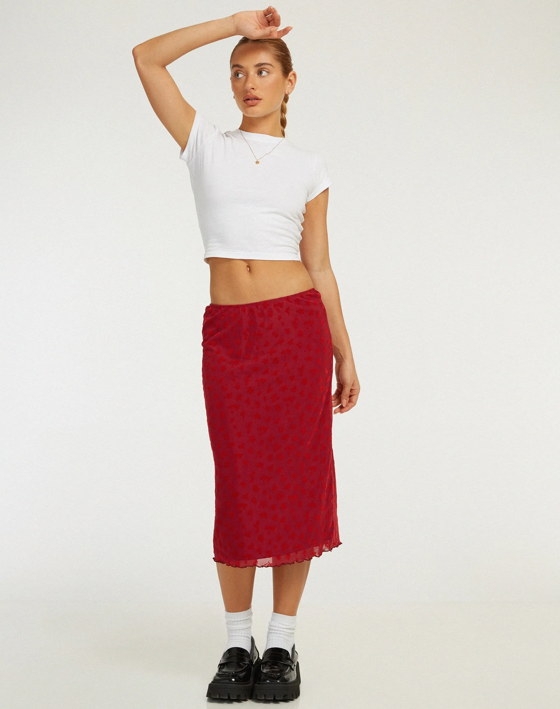 Rujha Midi Skirt in Red Flock Mesh