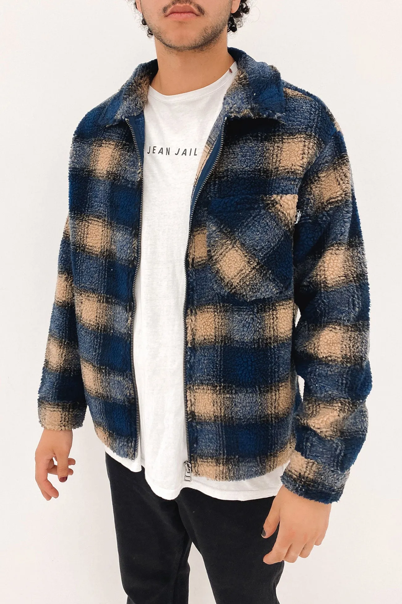 Shadow Plaid Sherpa Zip Shirt Navy