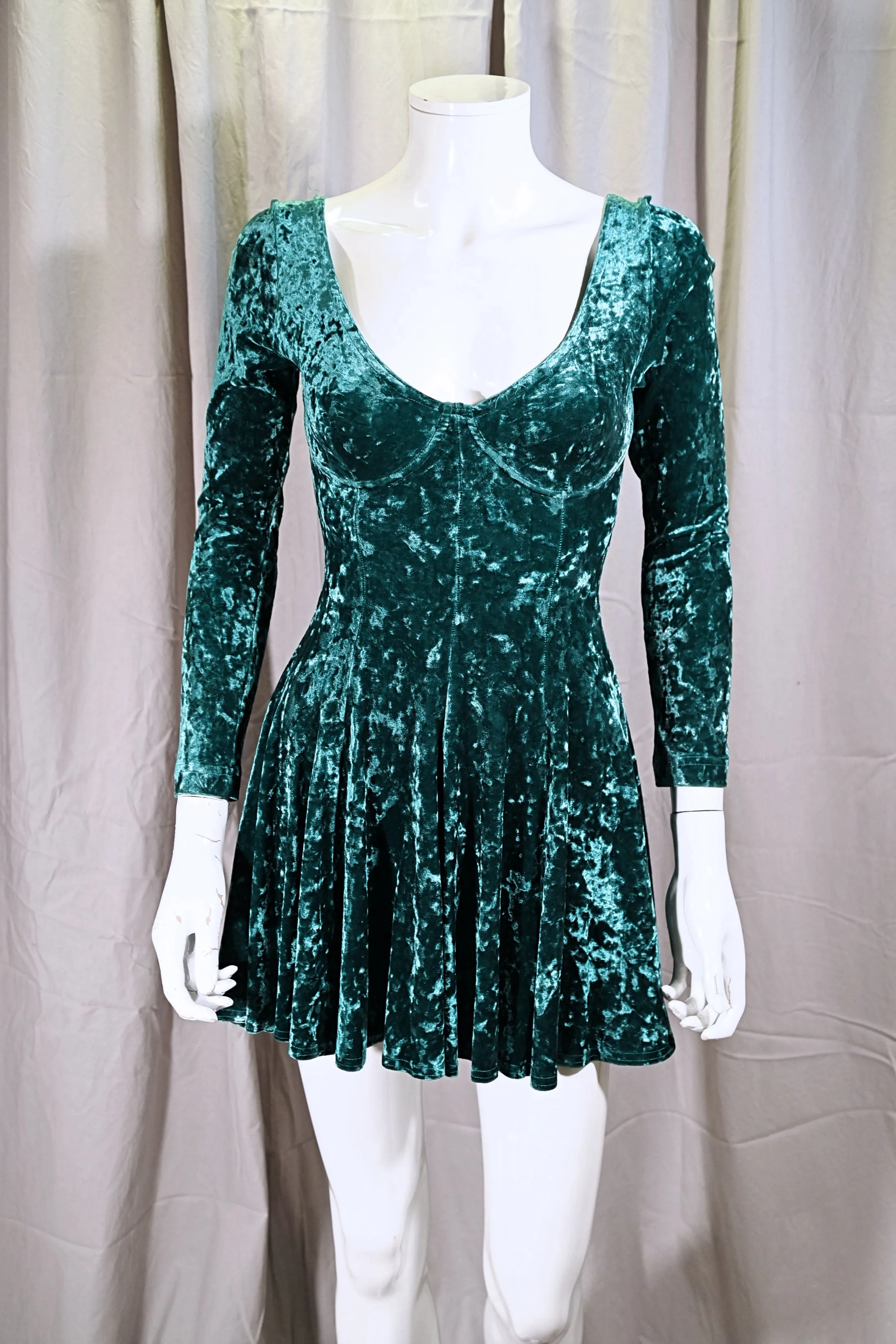 SOLD 90s Contempo Casuals Green Crushed Velvet Mini Dress, Bra Top Flare Skirt XS/S