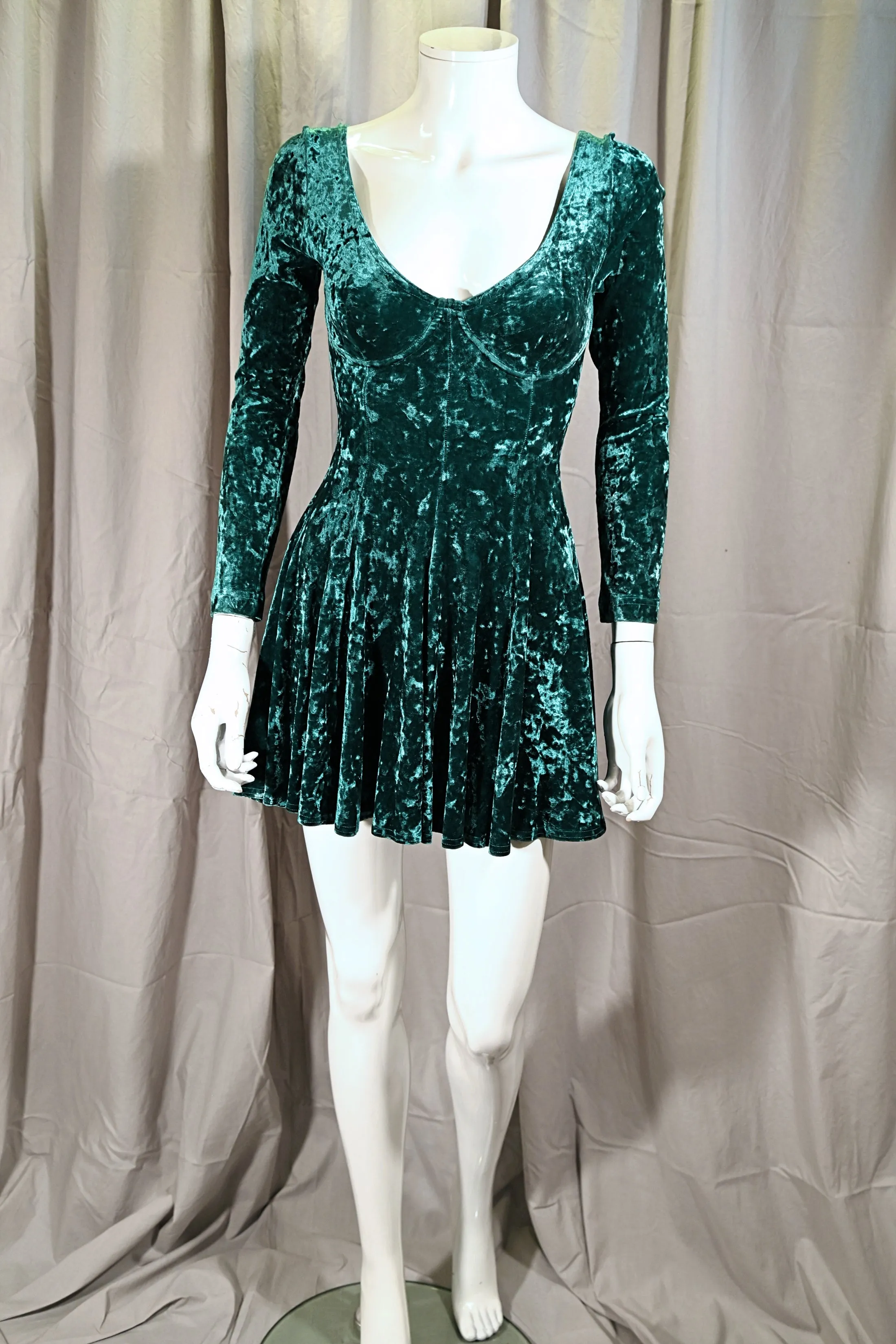 SOLD 90s Contempo Casuals Green Crushed Velvet Mini Dress, Bra Top Flare Skirt XS/S