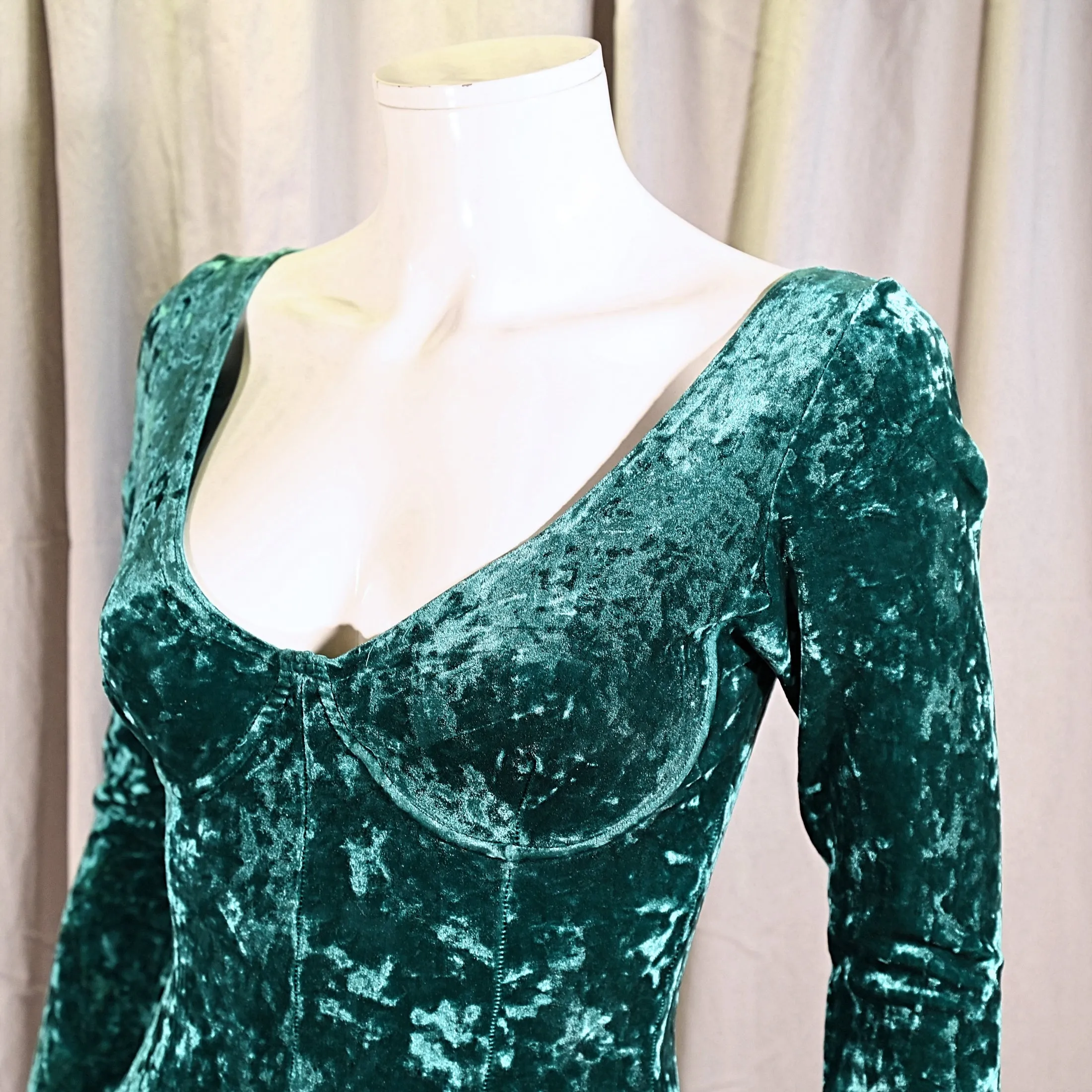 SOLD 90s Contempo Casuals Green Crushed Velvet Mini Dress, Bra Top Flare Skirt XS/S