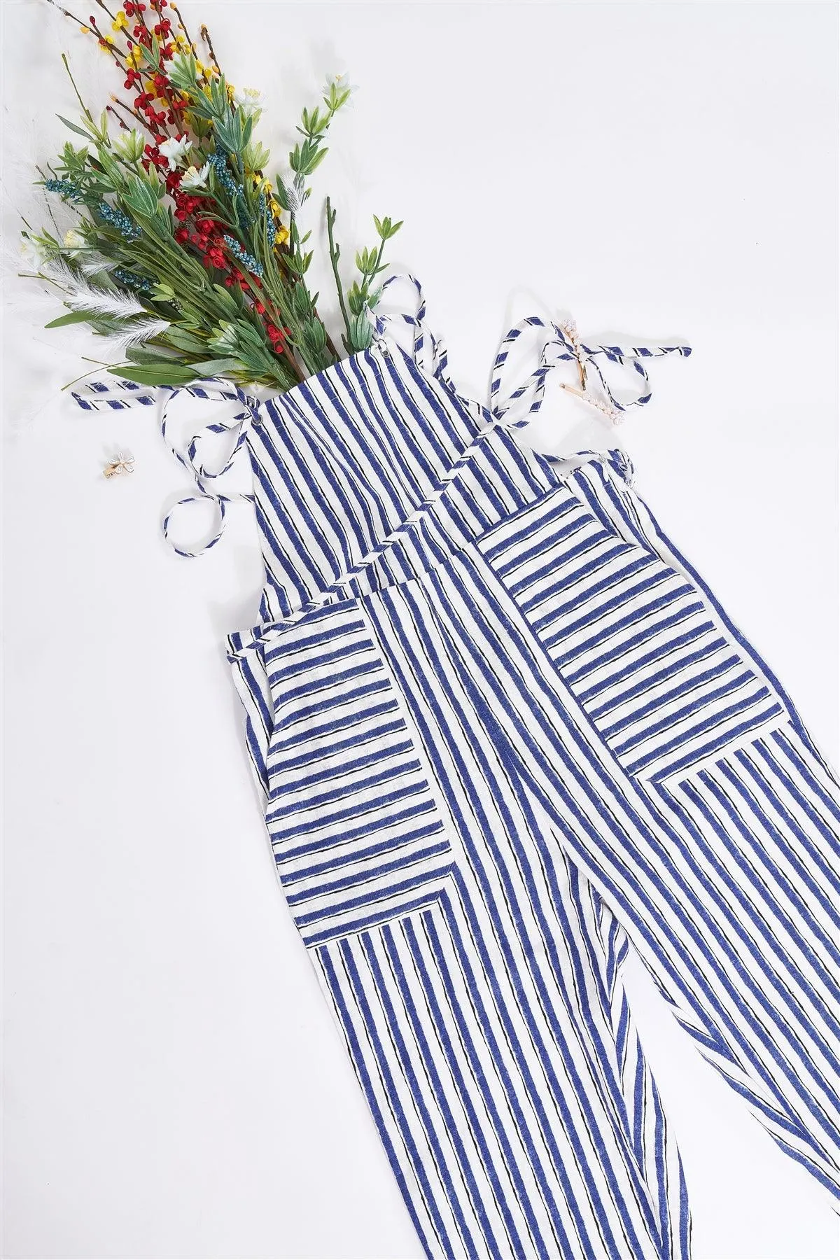 Stripped Linen Ivory & Blue Self-Tie Spaghetti Strap Jumper