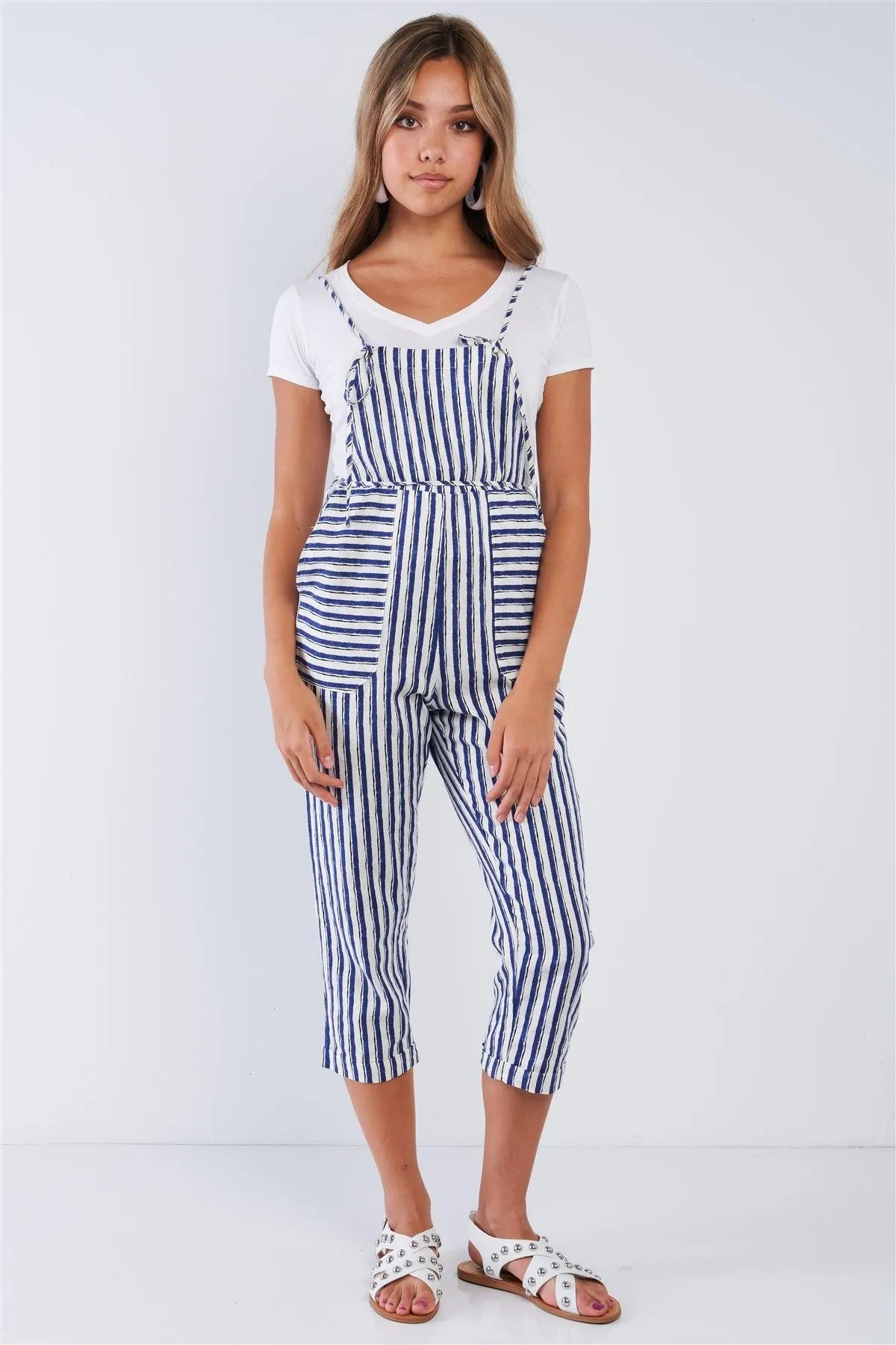 Stripped Linen Ivory & Blue Self-Tie Spaghetti Strap Jumper