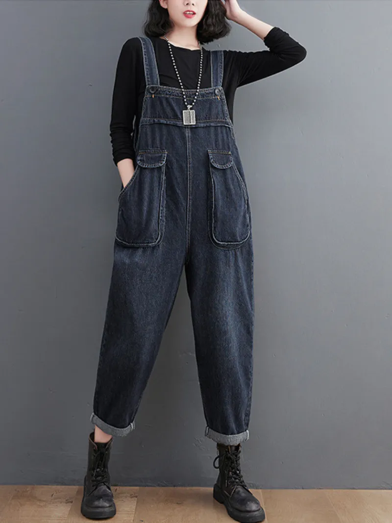 Stylish Literary Retro Large Size Loose Black Denim Overalls