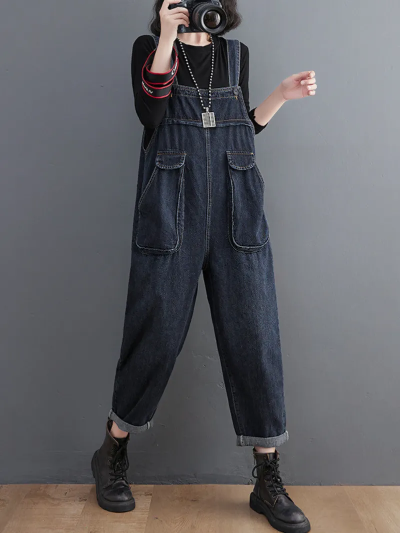 Stylish Literary Retro Large Size Loose Black Denim Overalls