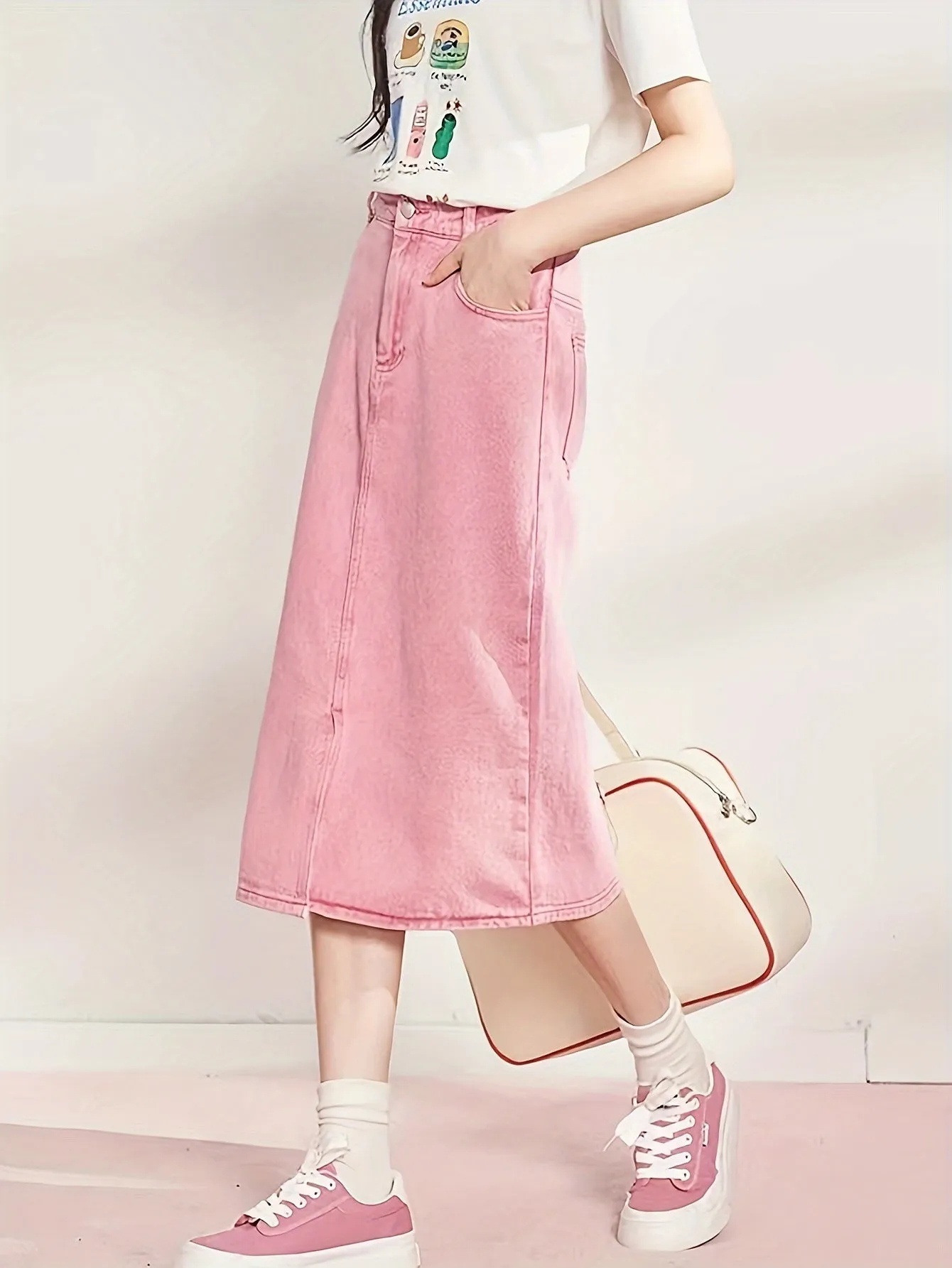 Stylish Pastel Pink Denim Midi Skirt - Women Denim Skirts with Pockets, Versatile Solid Color, Cute Casual Fashion, Elegant Plain Design, Flattering A-Line Silhouette, and Comfortable Wear