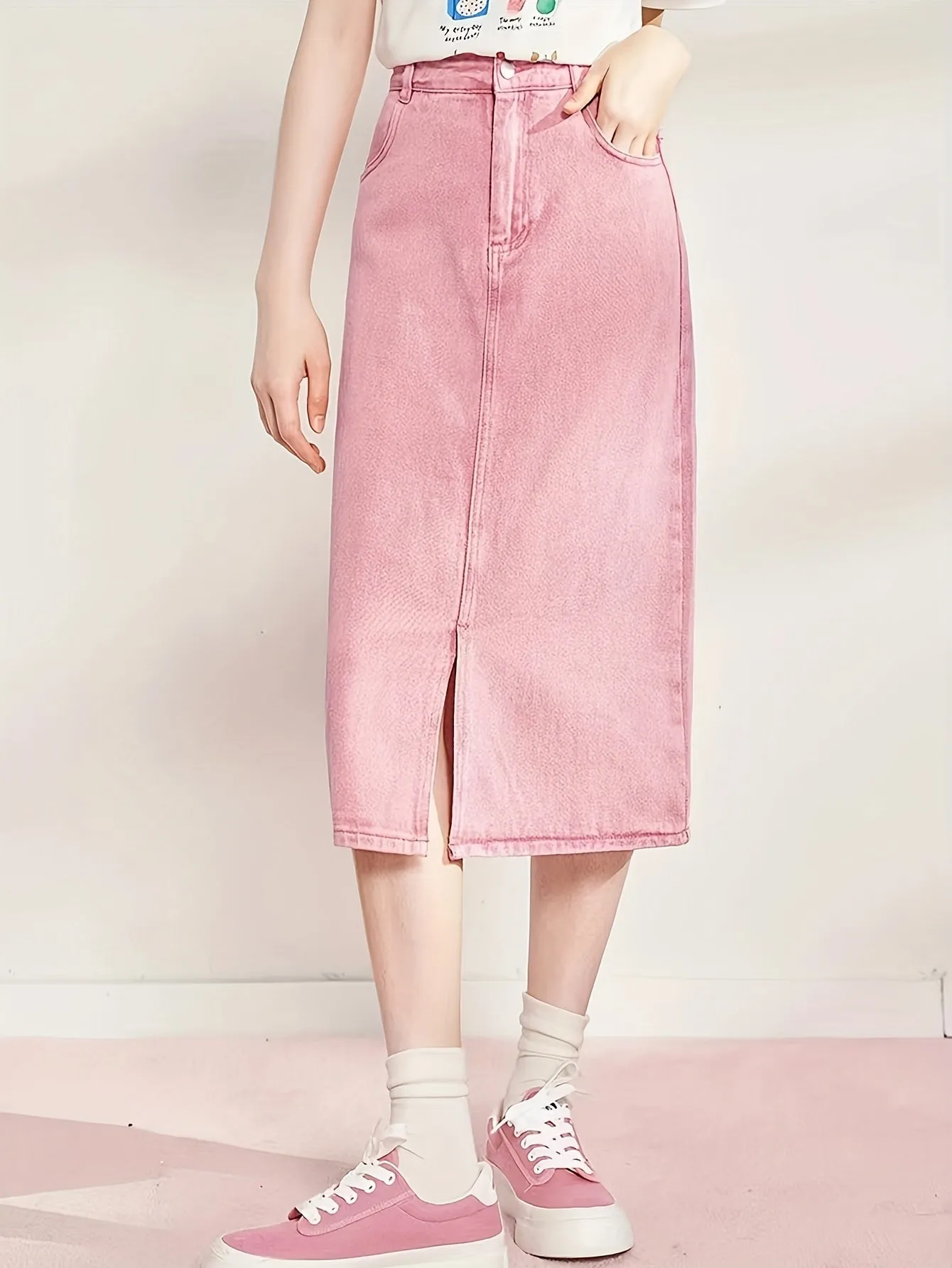 Stylish Pastel Pink Denim Midi Skirt - Women Denim Skirts with Pockets, Versatile Solid Color, Cute Casual Fashion, Elegant Plain Design, Flattering A-Line Silhouette, and Comfortable Wear