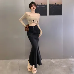 Summer Slim Ruffles Trumpet Female Denim Skirts Korean Style New High Waist Tight Hip Split Slight Stretch Women's Skirt