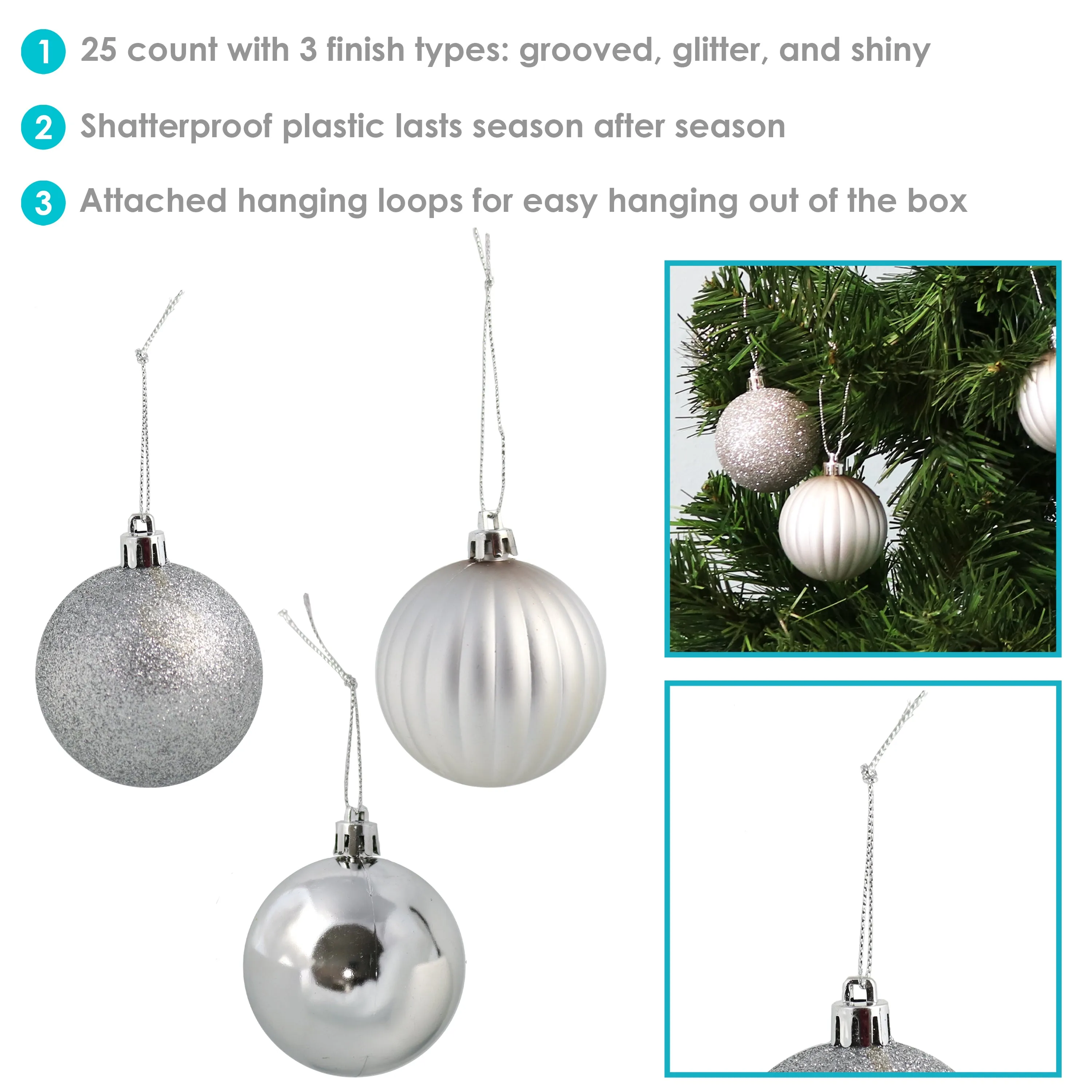 Sunnydaze 25ct 60mm Beautiful Baubles Shatterproof Christmas Ornaments