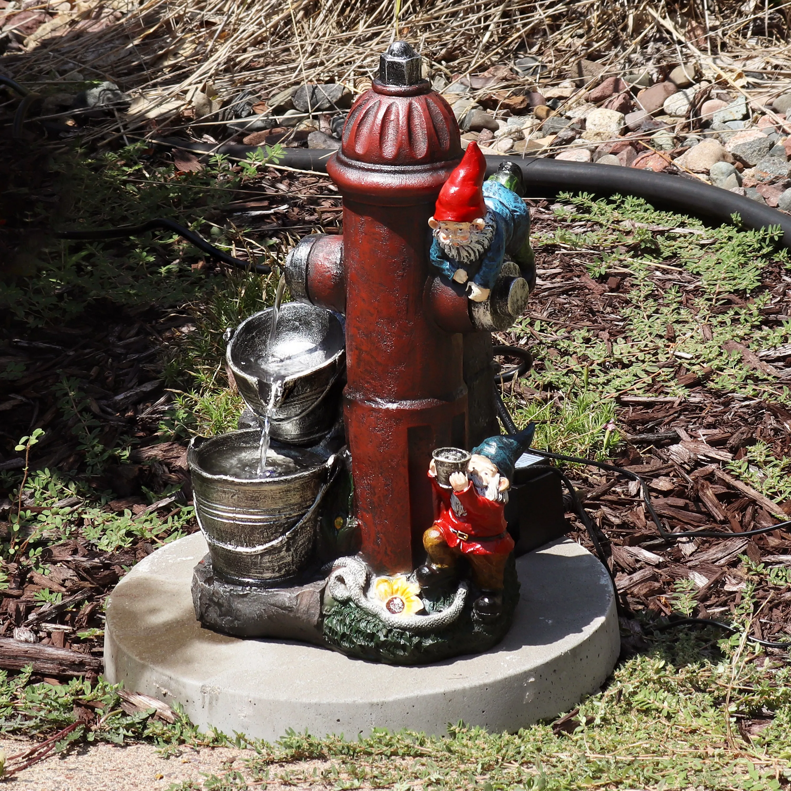 Sunnydaze Fire Hydrant Gnomes Outdoor Water Fountain with LED Light - 16"