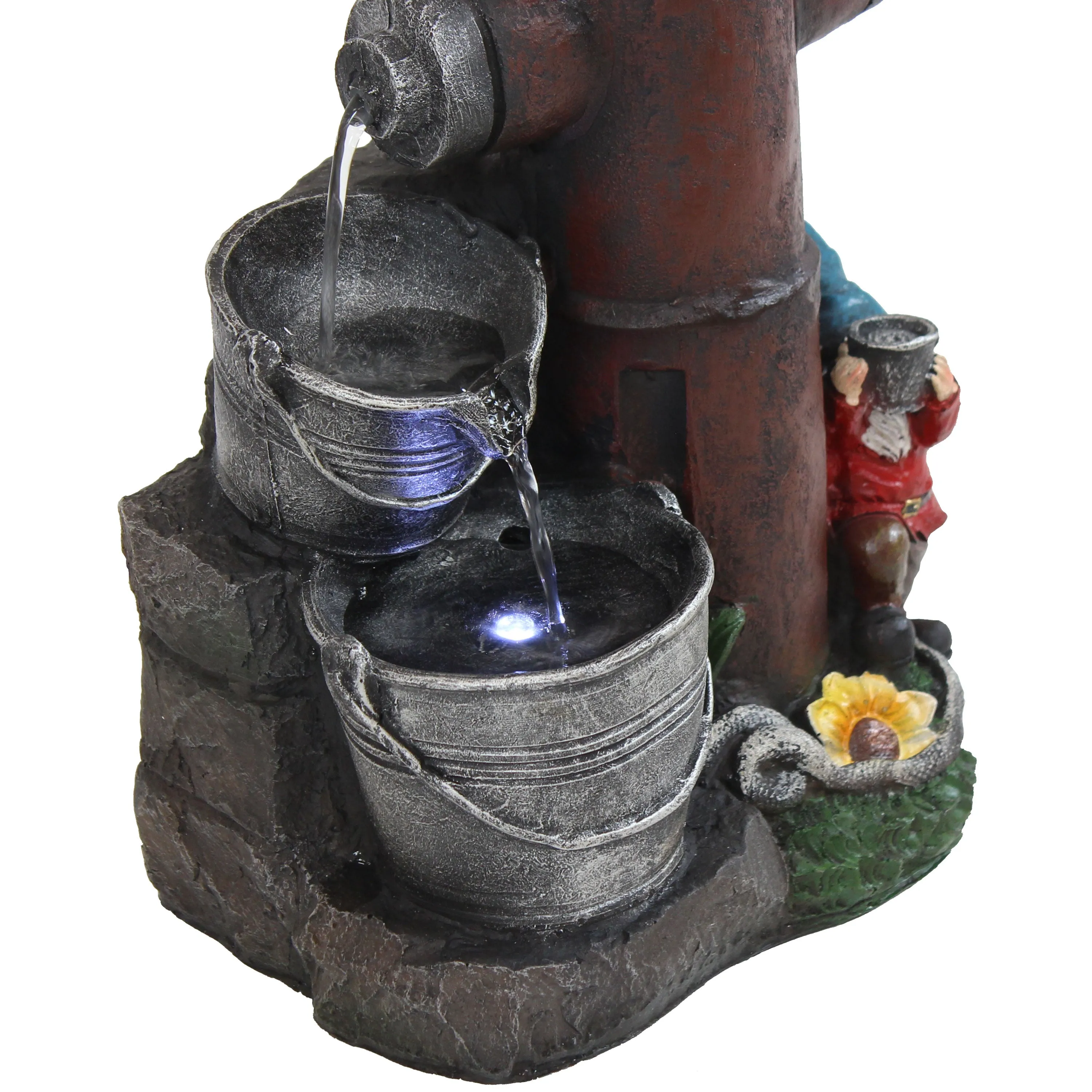 Sunnydaze Fire Hydrant Gnomes Outdoor Water Fountain with LED Light - 16"