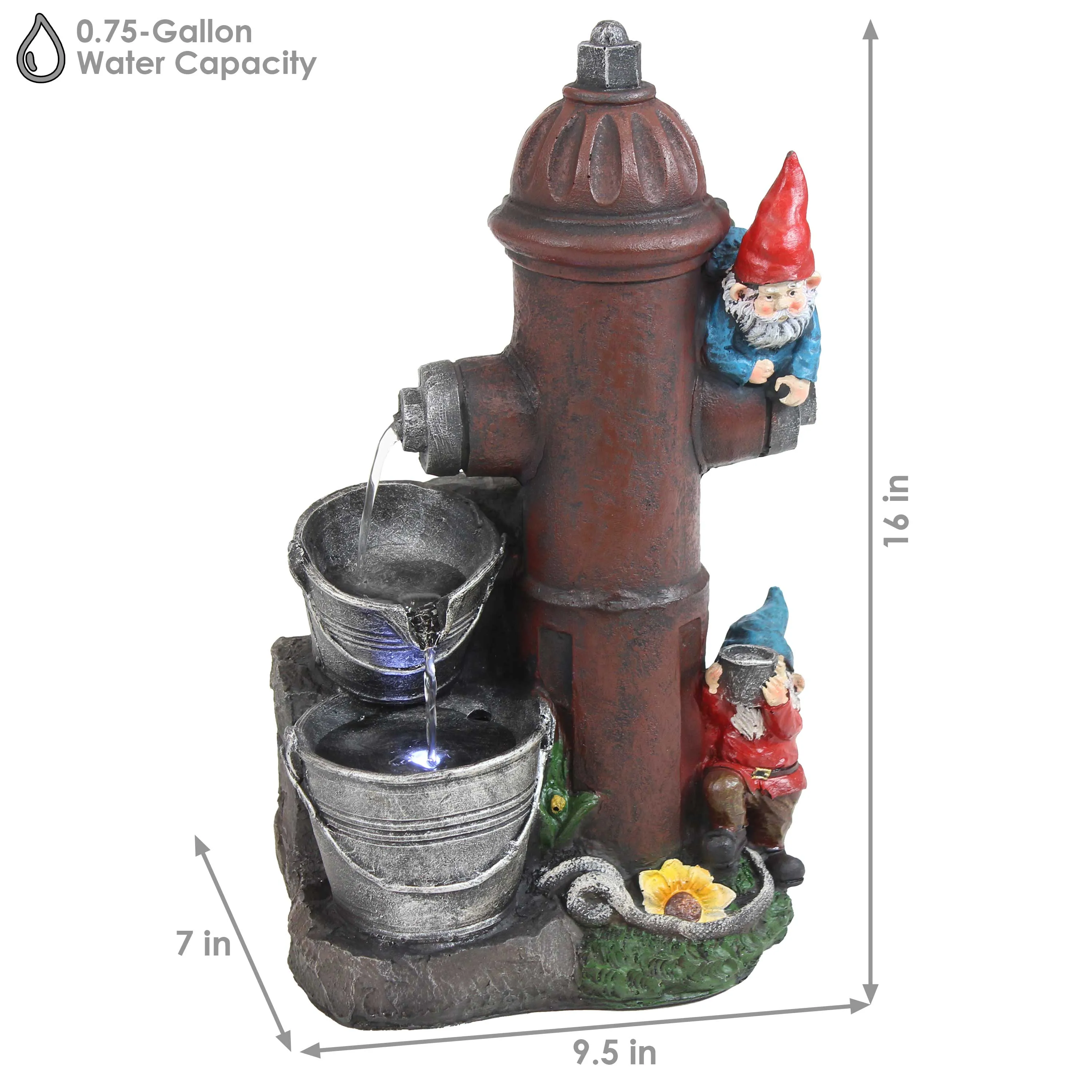 Sunnydaze Fire Hydrant Gnomes Outdoor Water Fountain with LED Light - 16"