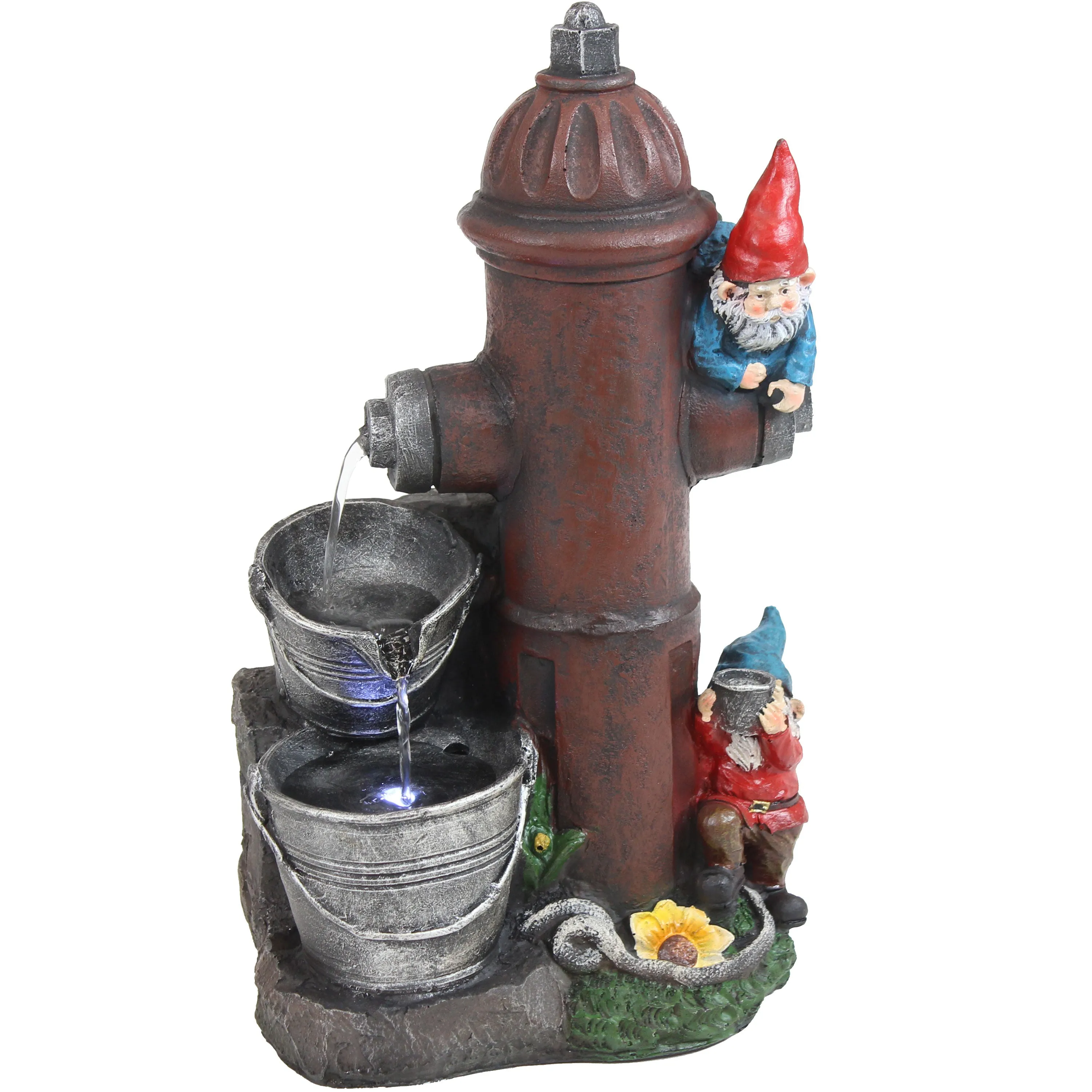 Sunnydaze Fire Hydrant Gnomes Outdoor Water Fountain with LED Light - 16"