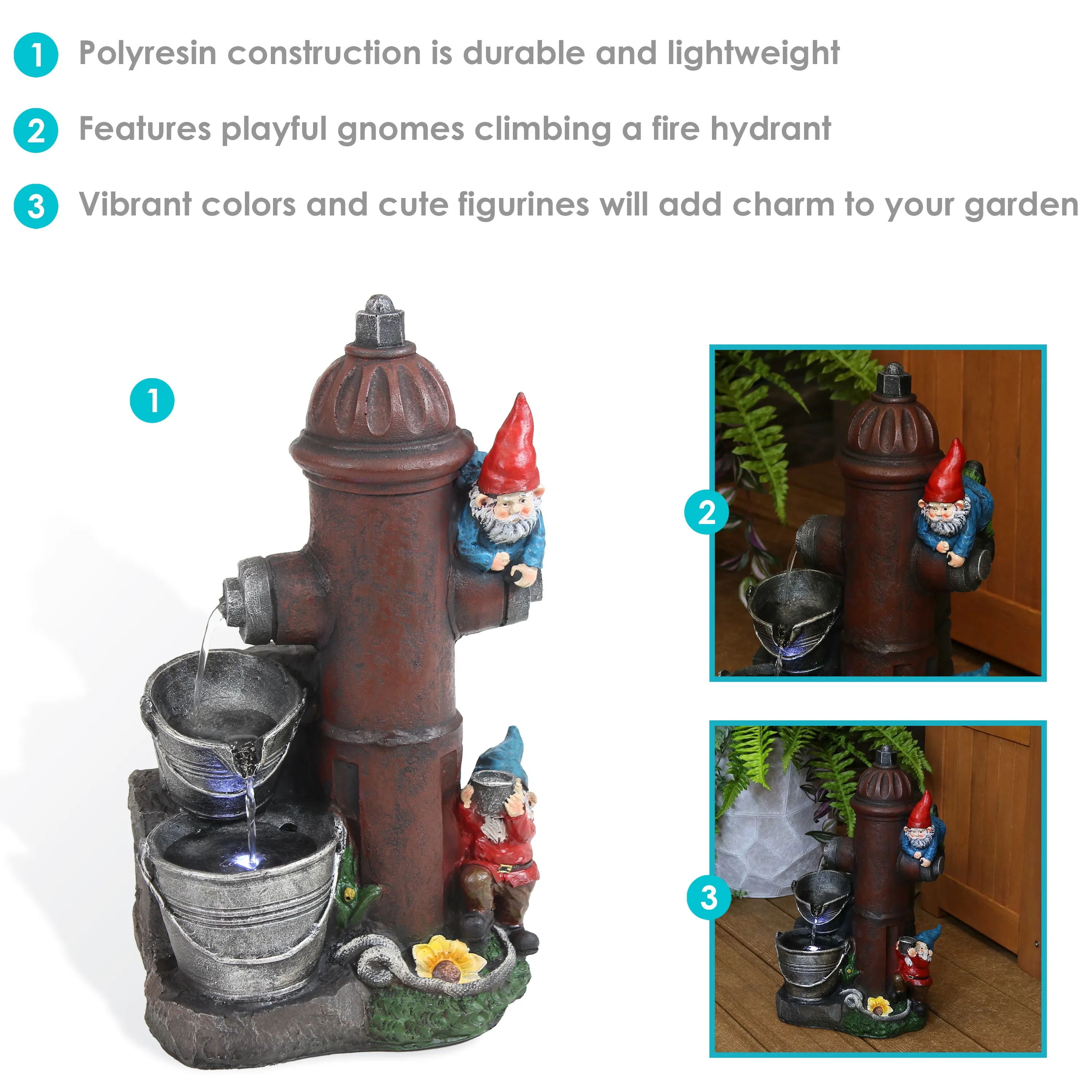 Sunnydaze Fire Hydrant Gnomes Outdoor Water Fountain with LED Light - 16"