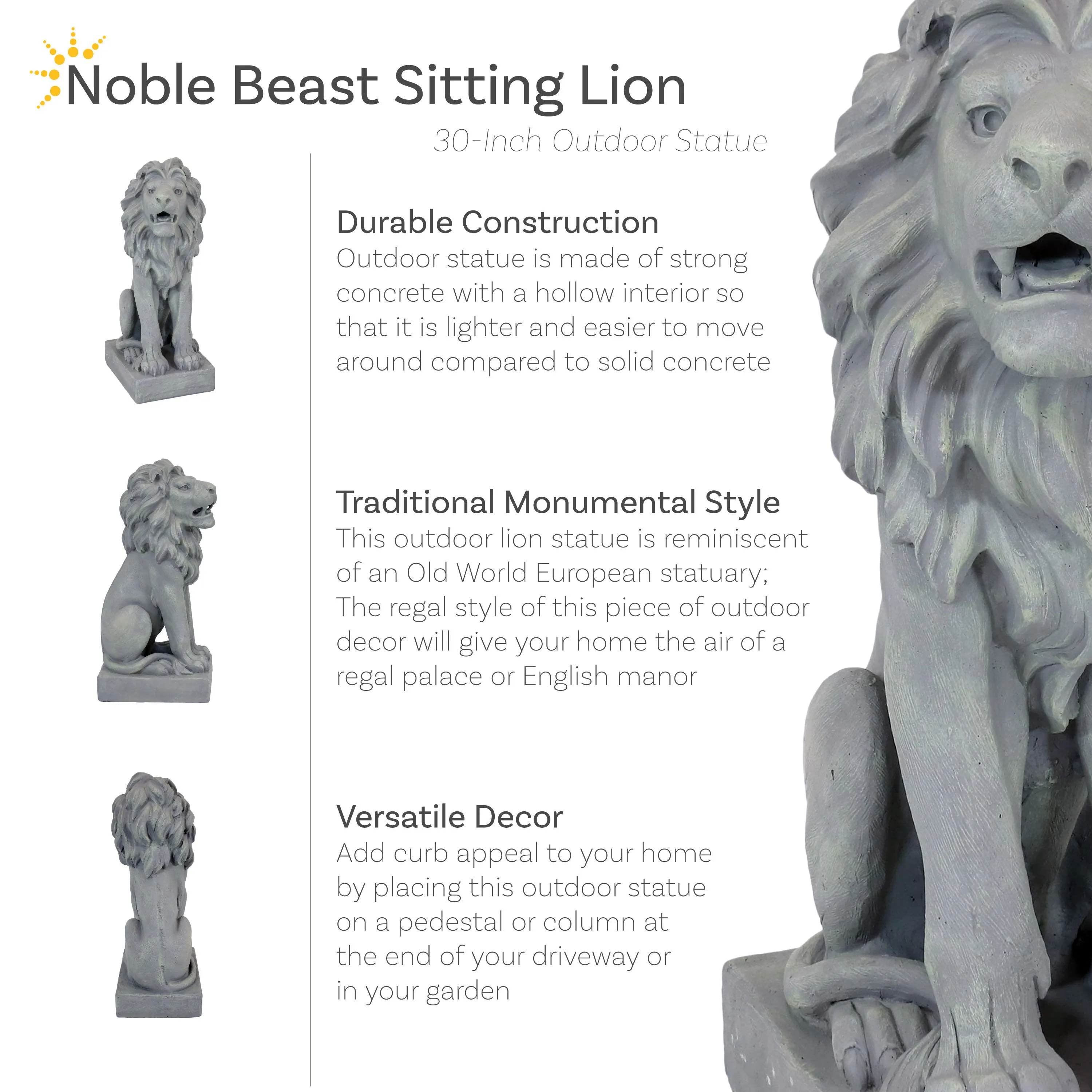 Sunnydaze Noble Beast Sitting Lion Outdoor Statue - 30"