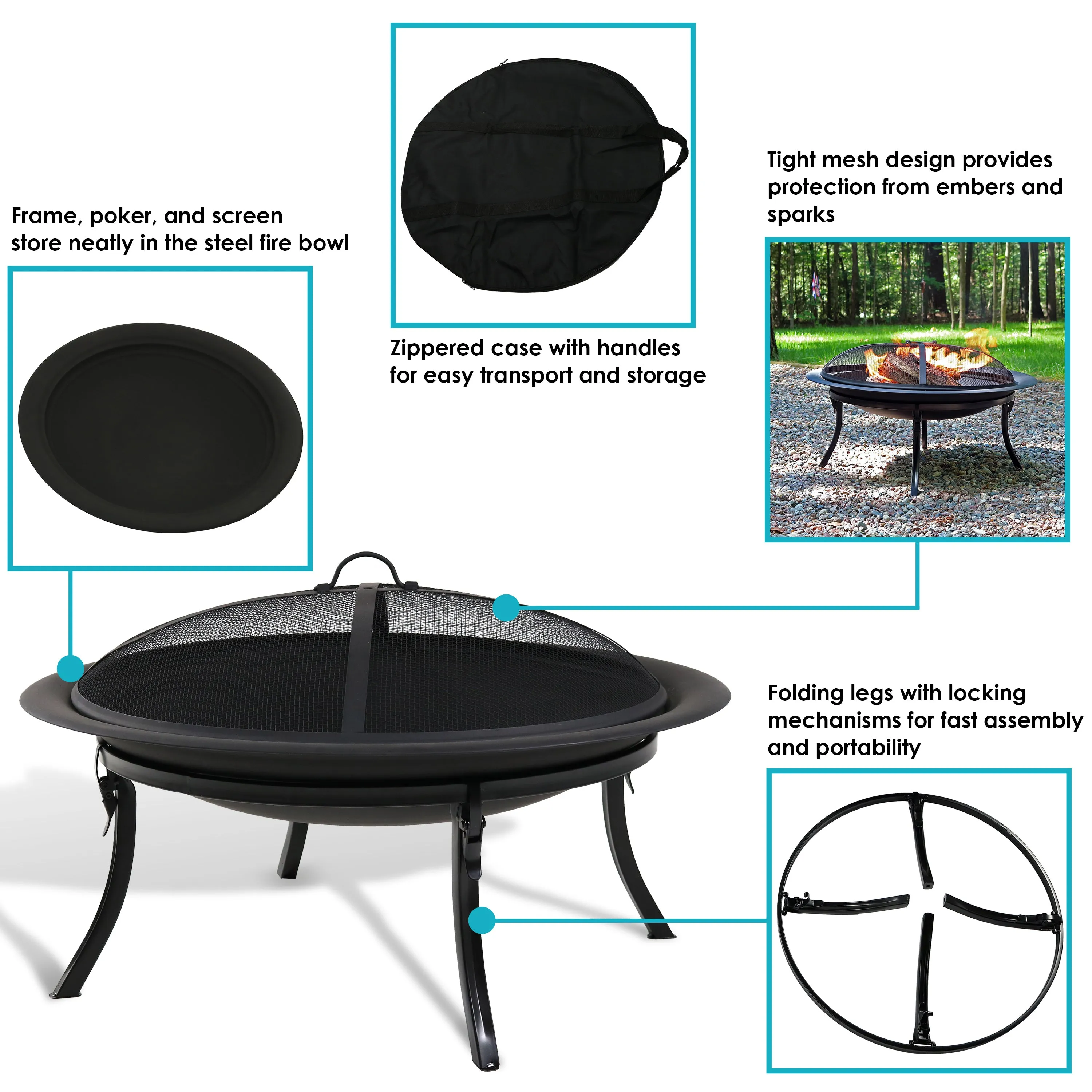 Sunnydaze Portable Fire Pit Bowl with Case and Spark Screen - 29"