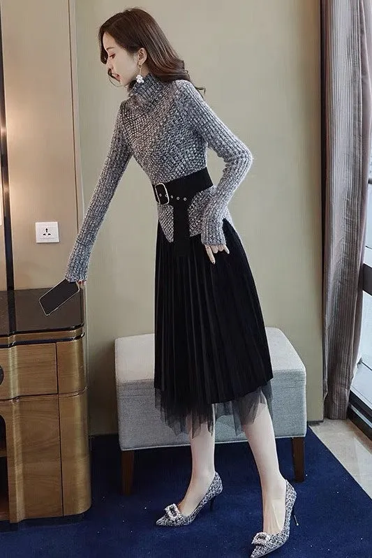 Sweater and Velvet Skirt Set