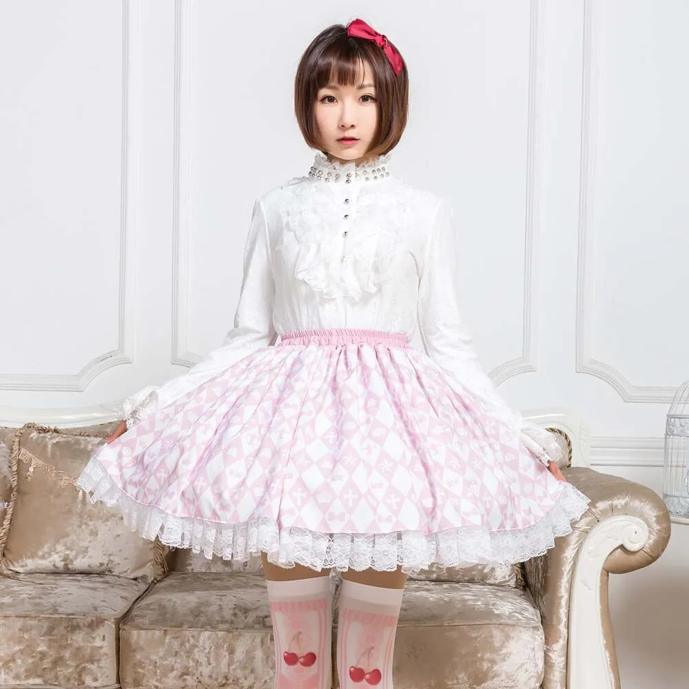 Sweet Pink Diamond Checkered Skirt Mori Girl Short Skirt with Ruffles