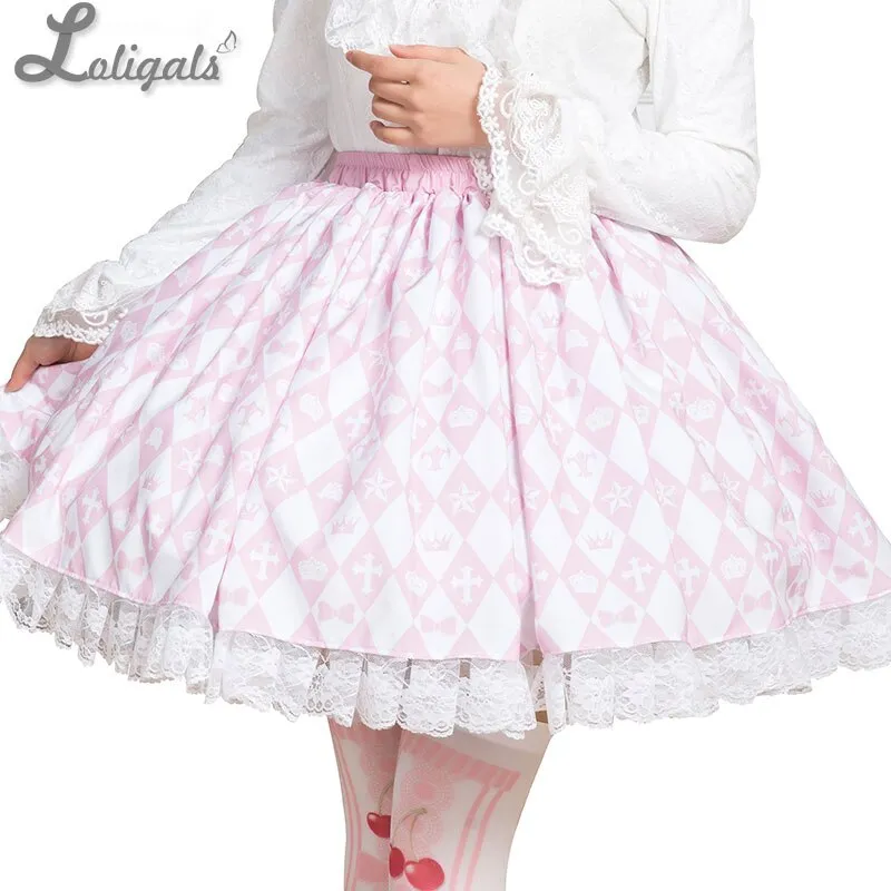 Sweet Pink Diamond Checkered Skirt Mori Girl Short Skirt with Ruffles