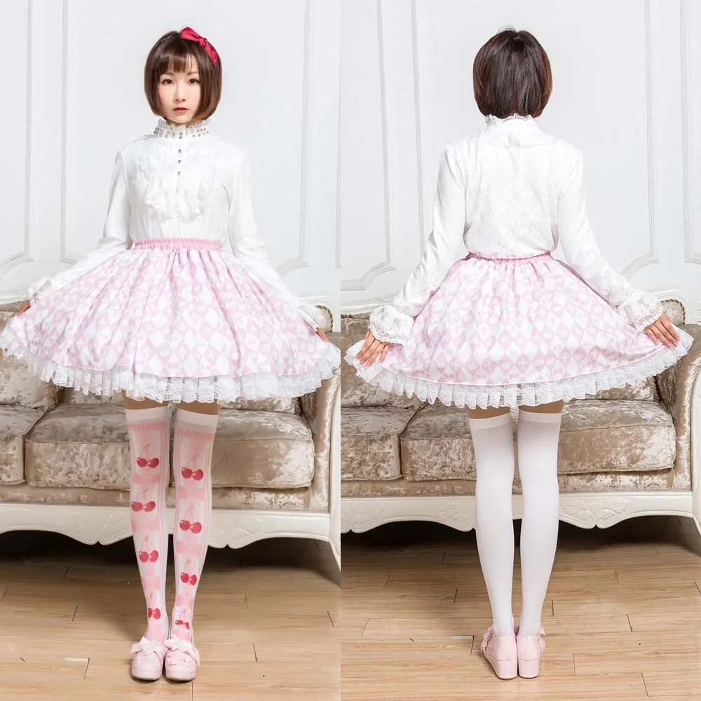 Sweet Pink Diamond Checkered Skirt Mori Girl Short Skirt with Ruffles