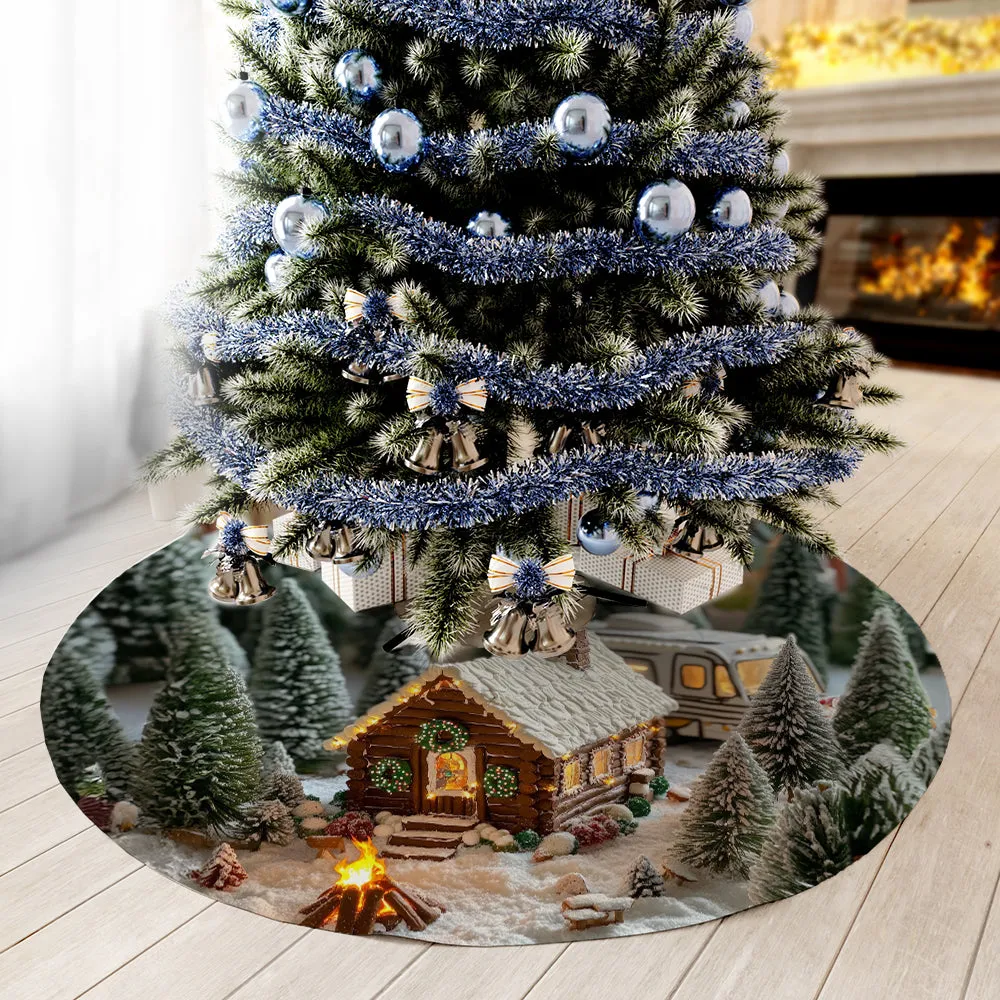 Teesdily | Snowy Christmas House With Christmas Tree Xmas Tree Skirt, Beautiful Cabin Tree Skirt For Christmas Tree, Indoor Decor