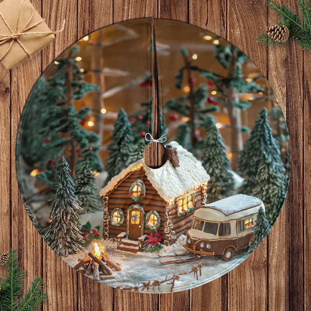 Teesdily | Snowy Christmas House With Christmas Tree Xmas Tree Skirt, Beautiful Cabin Tree Skirt For Christmas Tree, Indoor Decor