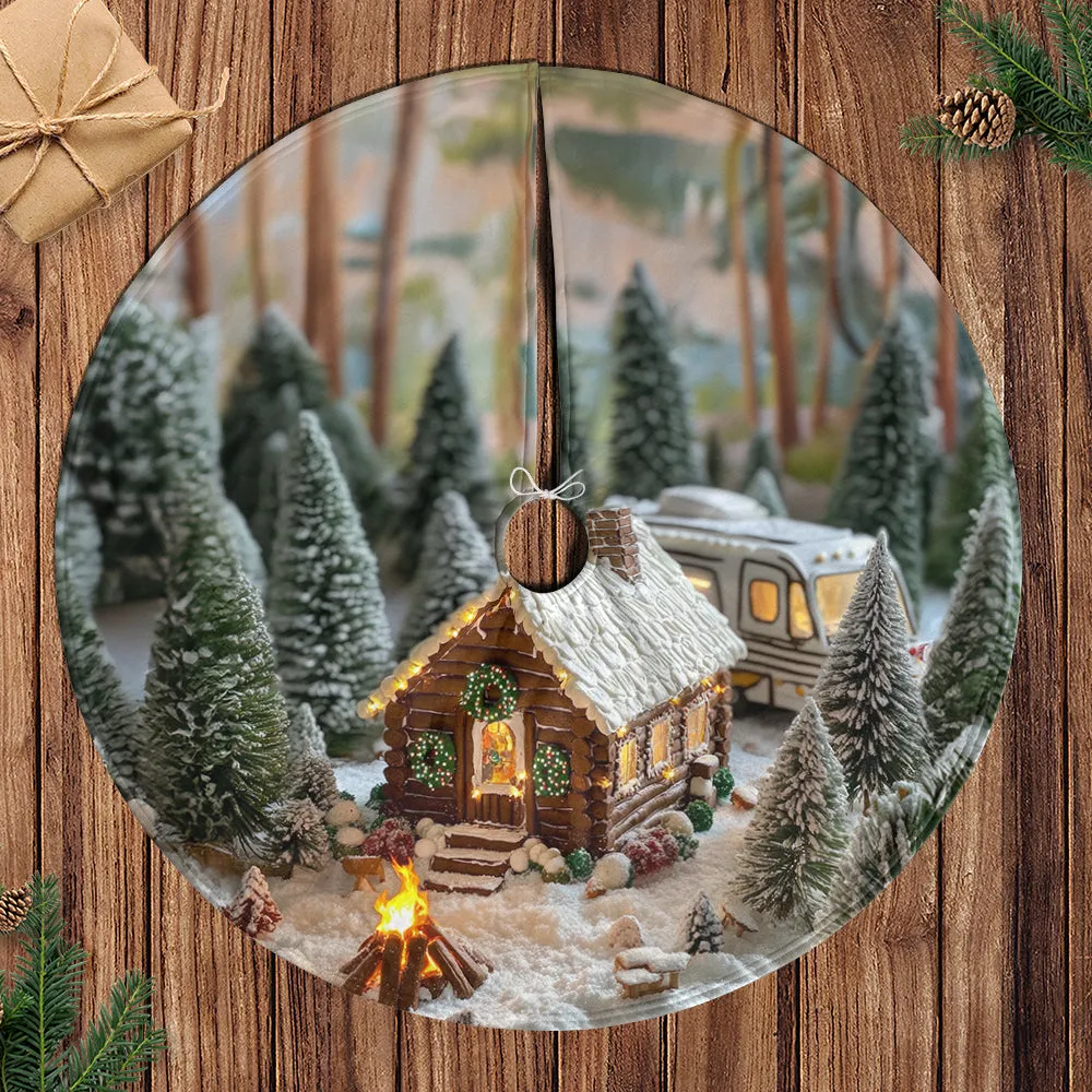 Teesdily | Snowy Christmas House With Christmas Tree Xmas Tree Skirt, Beautiful Cabin Tree Skirt For Christmas Tree, Indoor Decor