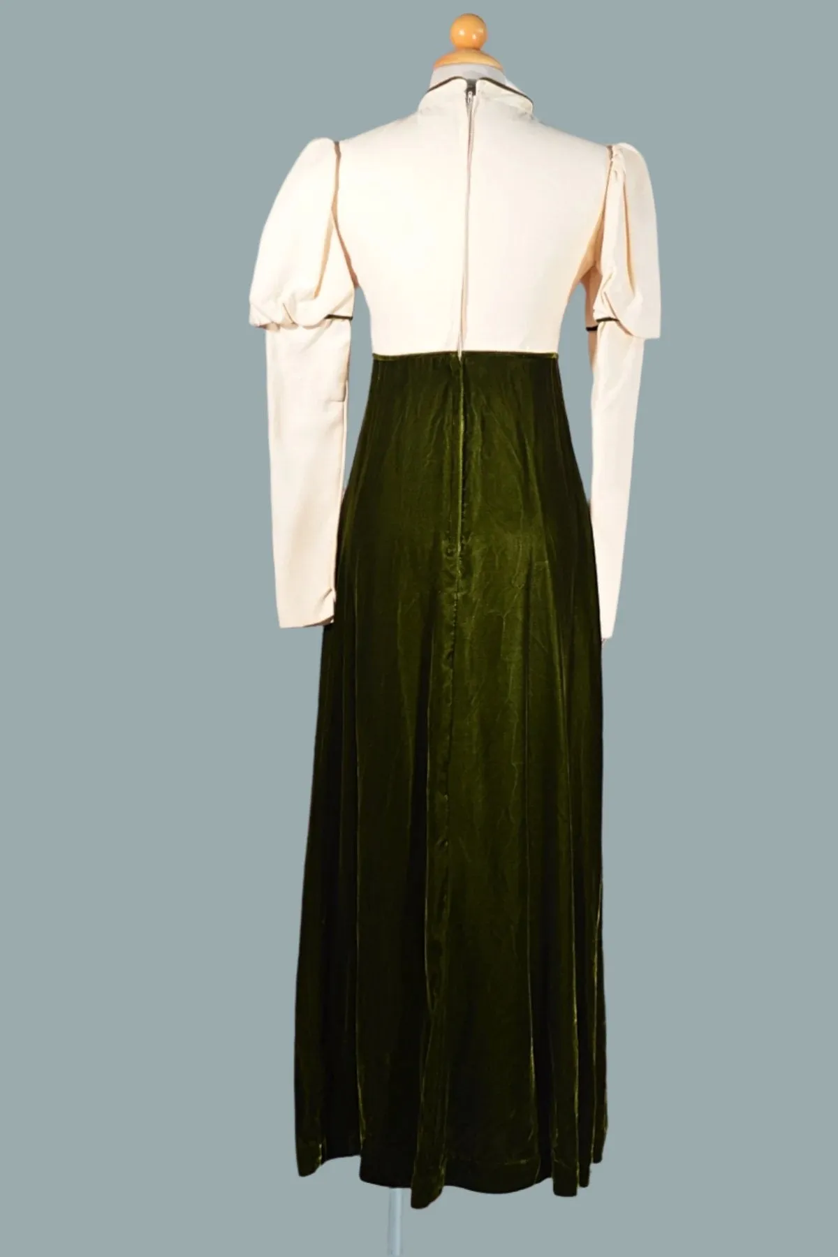 Vintage 60s Embroidered Green Velvet Maxi Dress, Long Juliette Sleeves, XS