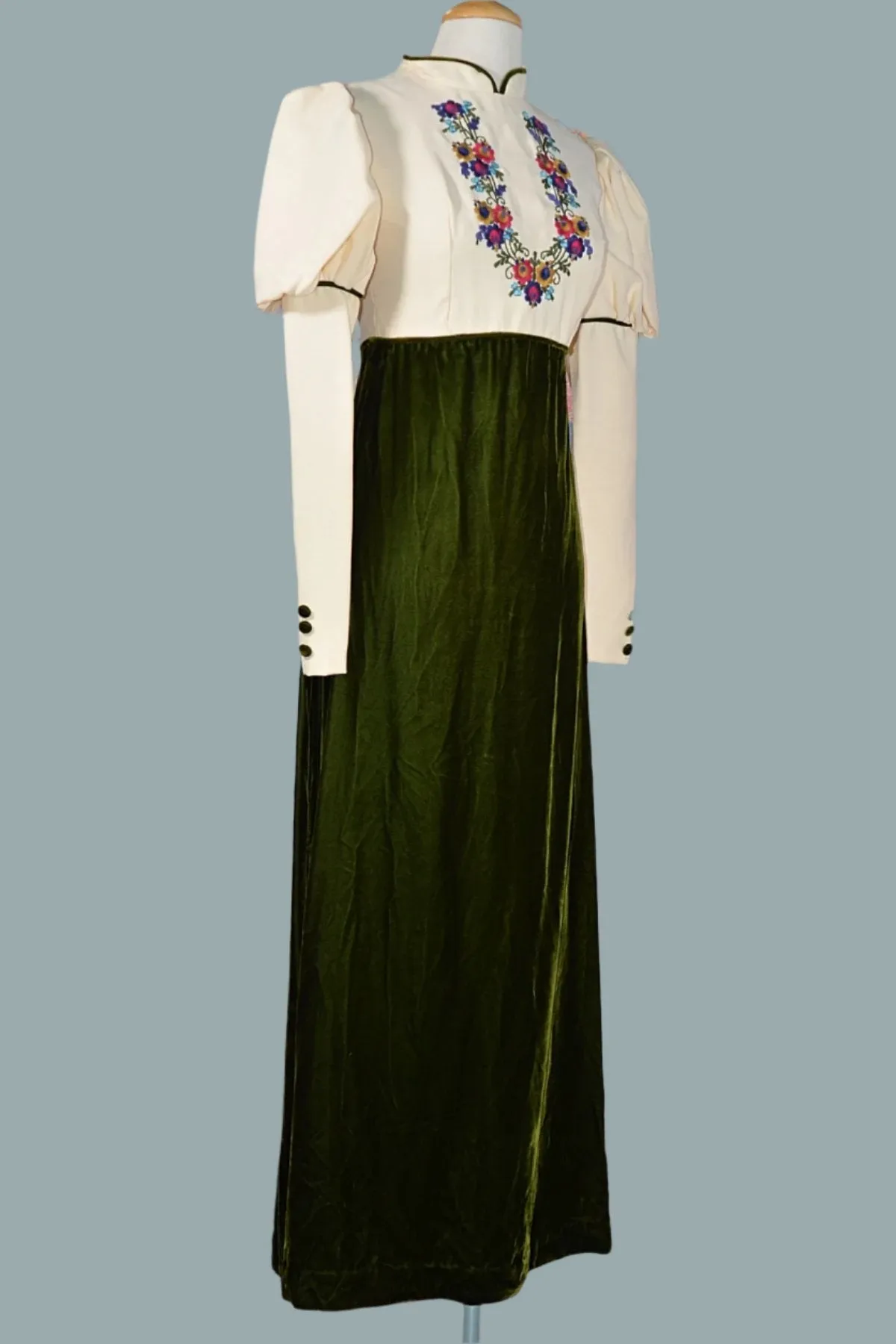 Vintage 60s Embroidered Green Velvet Maxi Dress, Long Juliette Sleeves, XS