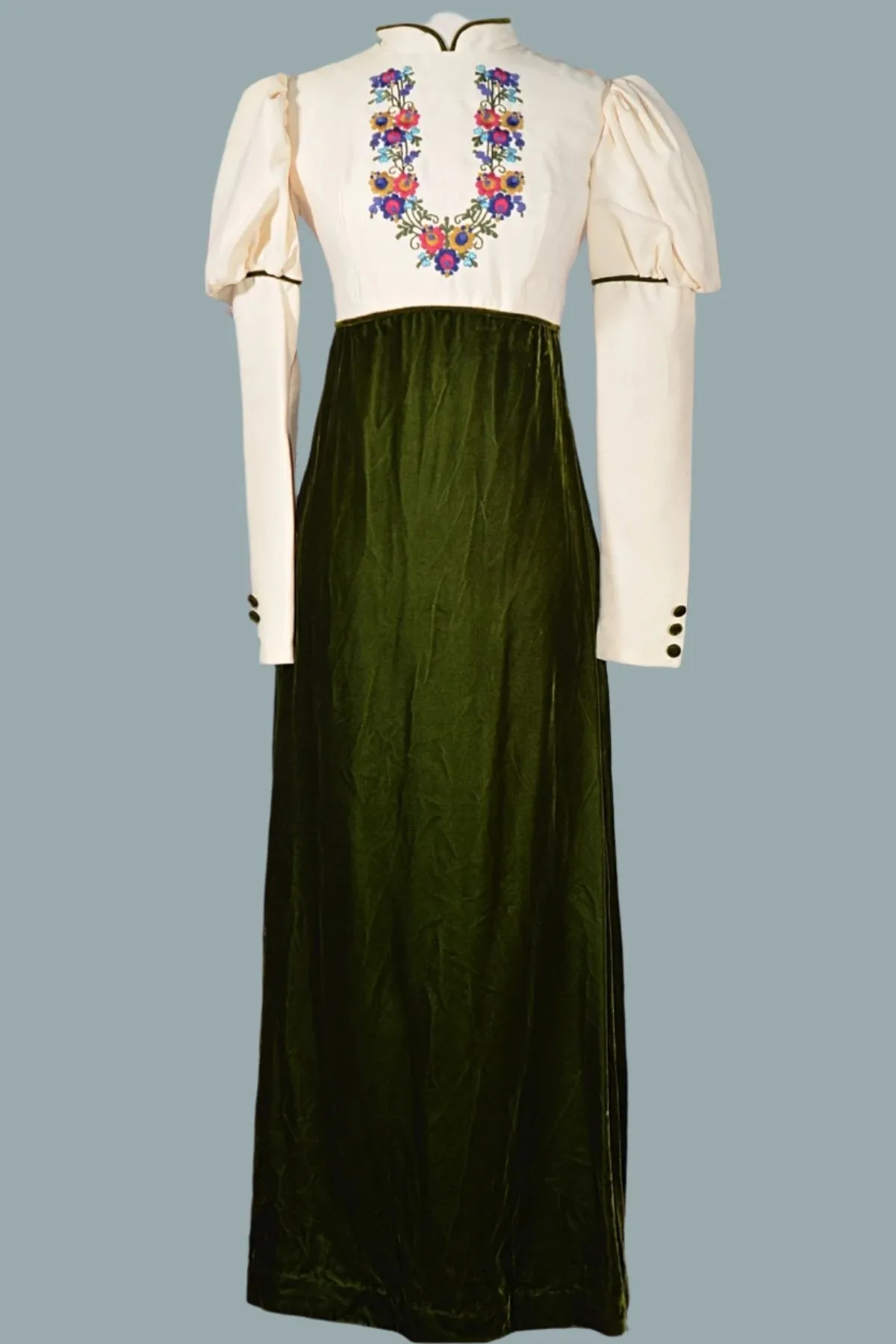 Vintage 60s Embroidered Green Velvet Maxi Dress, Long Juliette Sleeves, XS