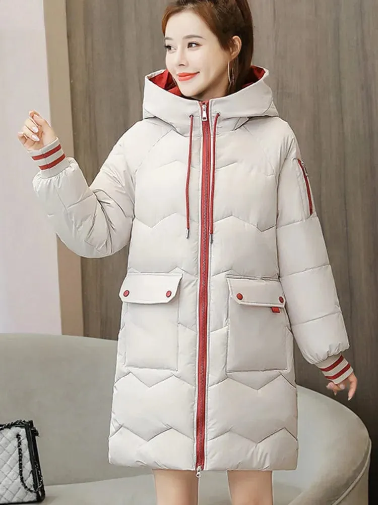 Warmth in Style: Long Hooded Parka for Women, Windproof Winter Jacket with Down Cotton, Ideal for Casual Wear