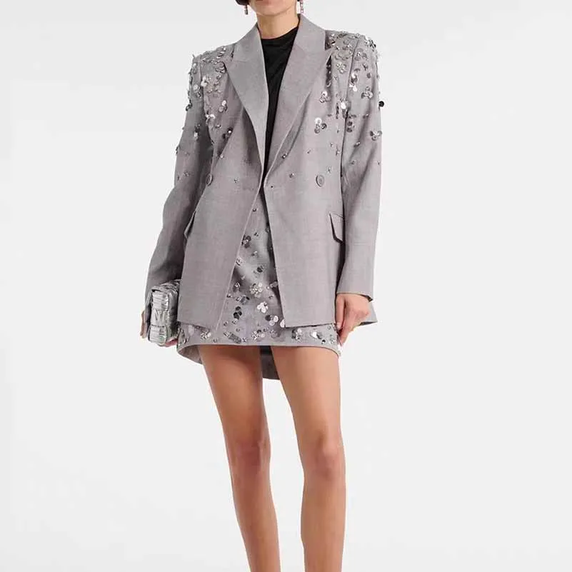 Women Beaded Grey Mini Skirt Suit Crstyal Embellished Two Pieces Set