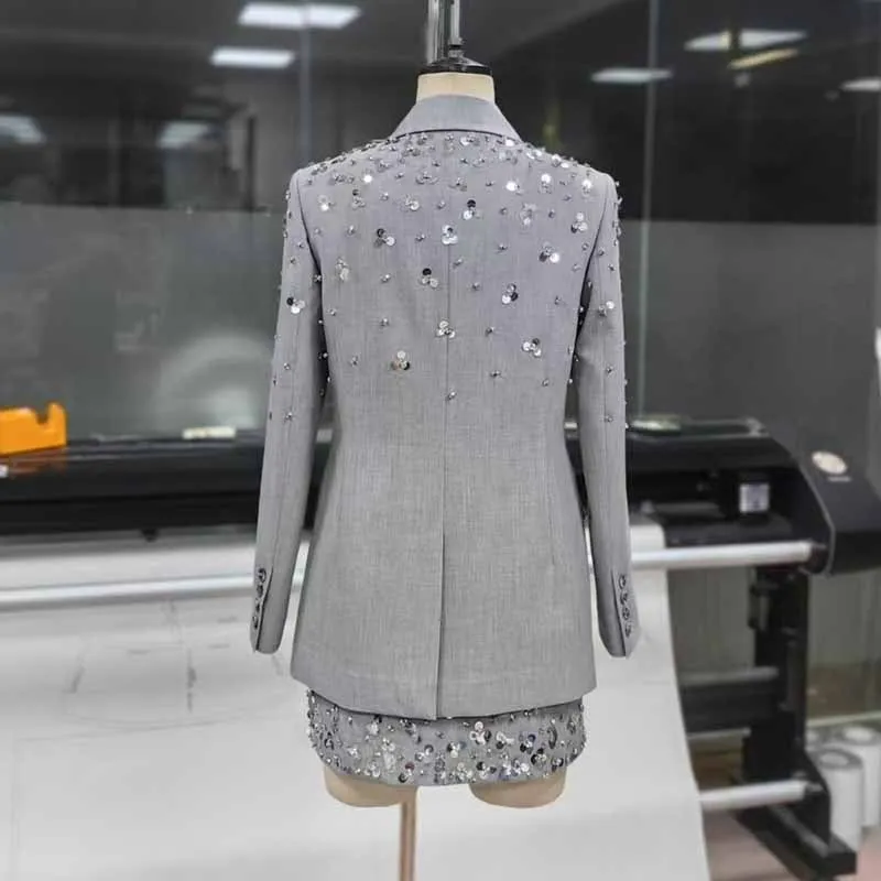 Women Beaded Grey Mini Skirt Suit Crstyal Embellished Two Pieces Set