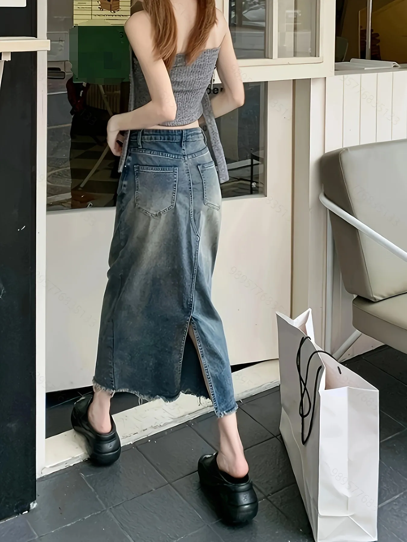 Women's High-Waisted Vintage Wash Denim Midi Skirt With Slit Hem, Romantic Style, Frayed Hem Casual Jean Skirt