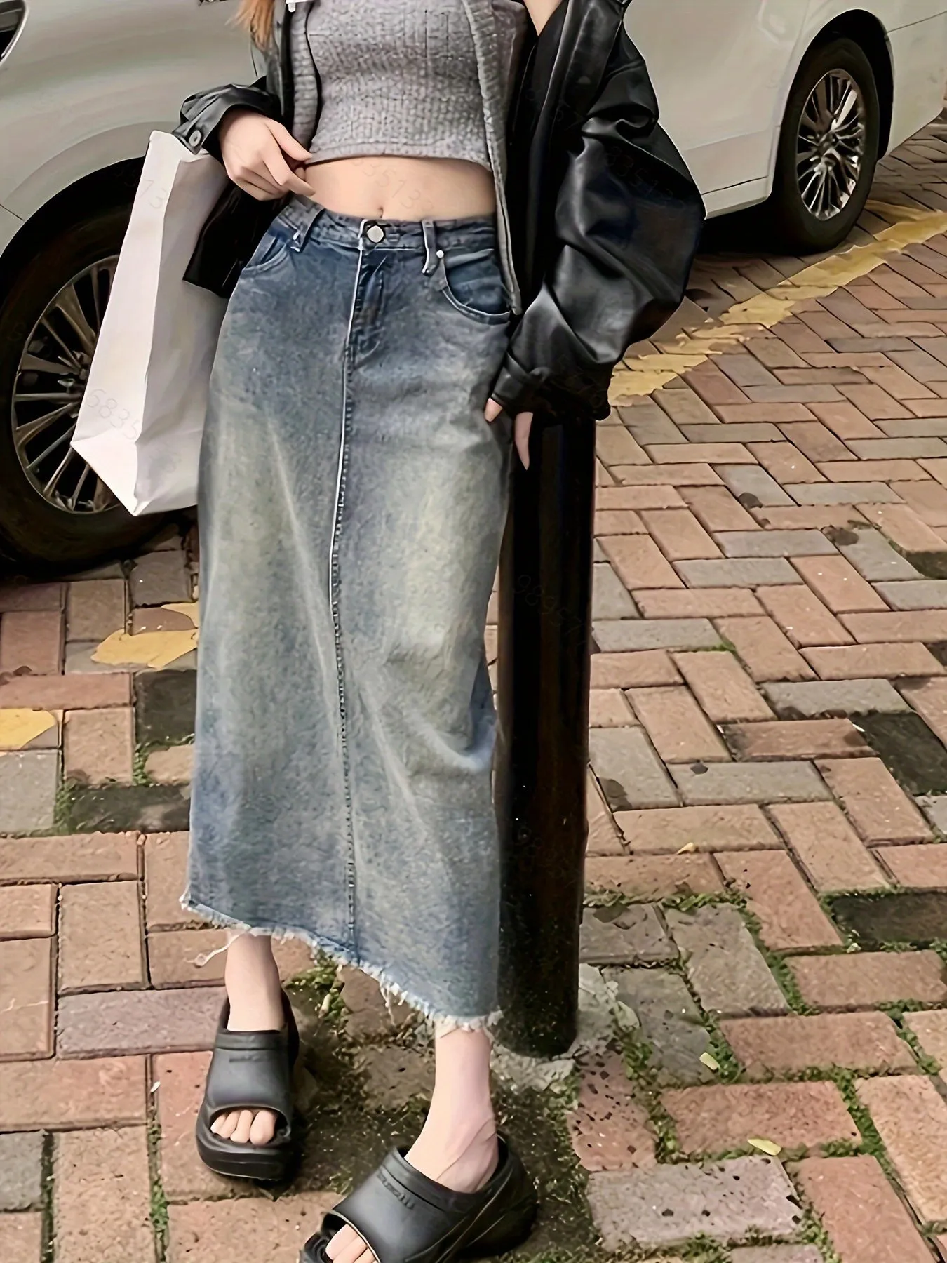 Women's High-Waisted Vintage Wash Denim Midi Skirt With Slit Hem, Romantic Style, Frayed Hem Casual Jean Skirt