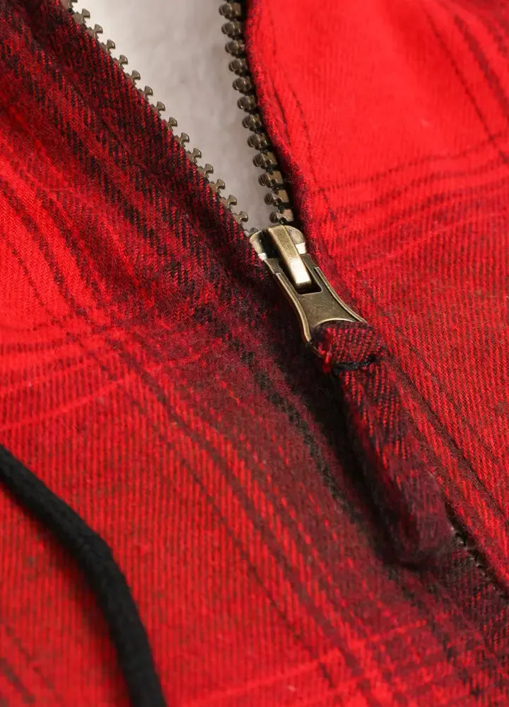 Women's Matching Family Red Sherpa-Lined Flannel Hoodie