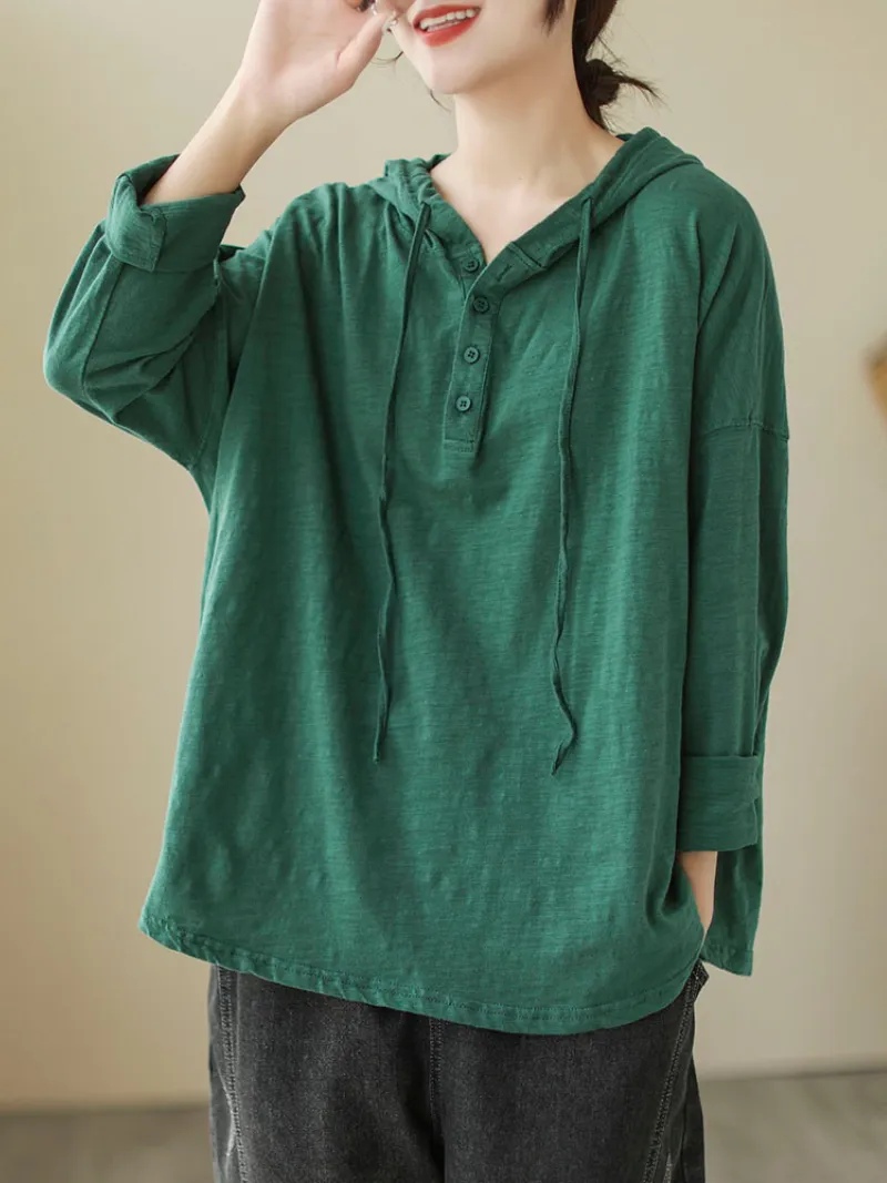 Women's Solid Color Loose Large Size Long-Sleeved T-shirt Casual Hooded T-shirt Top