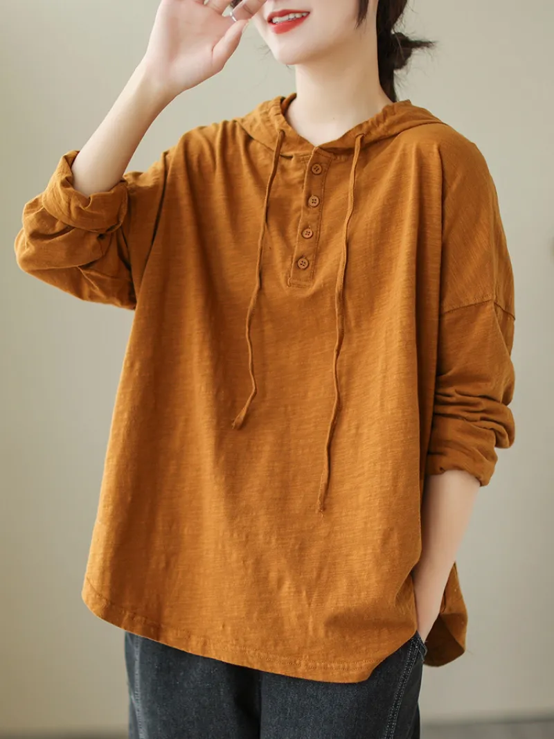 Women's Solid Color Loose Large Size Long-Sleeved T-shirt Casual Hooded T-shirt Top