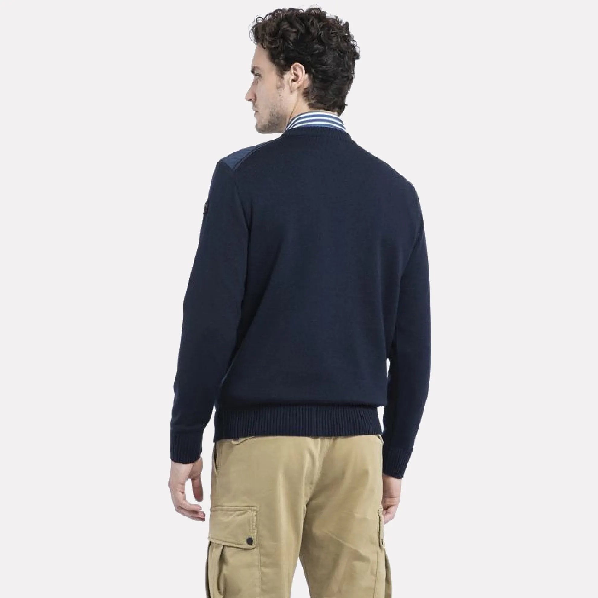Wool Crewneck Jumper with Corduroy Trim Details / Navy Blue