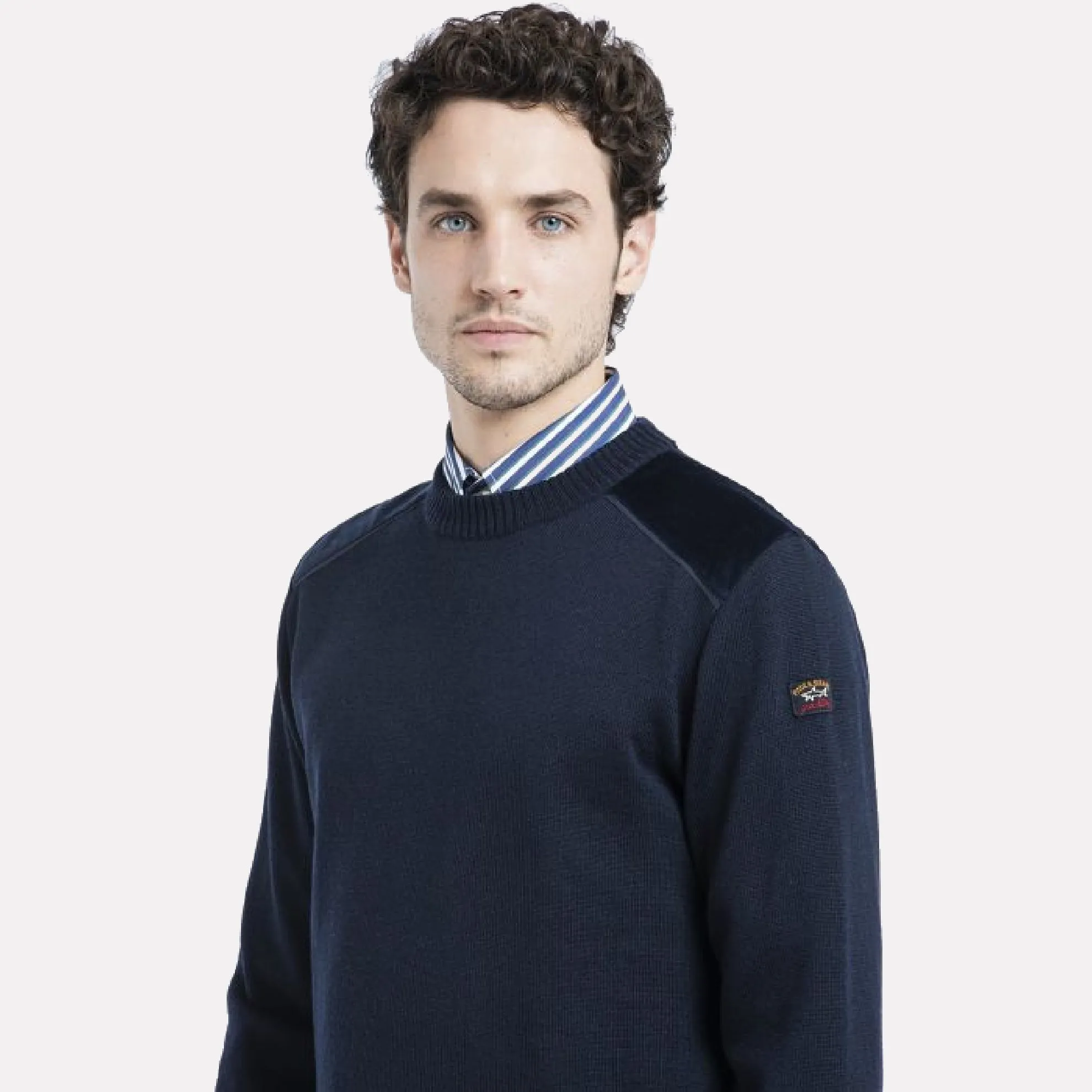 Wool Crewneck Jumper with Corduroy Trim Details / Navy Blue