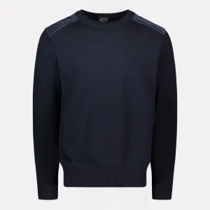 Wool Crewneck Jumper with Corduroy Trim Details / Navy Blue